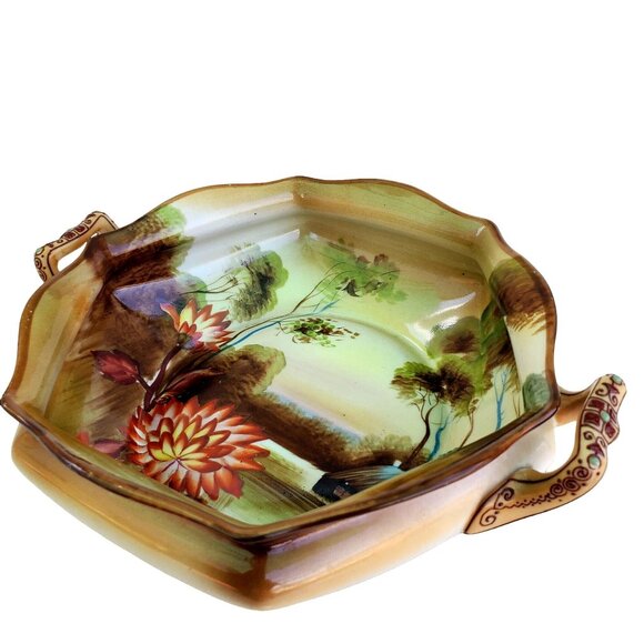 Noritake Bowl Made in Japan Hand Painted 6 Sided Hexagon 2 Handled Scenic - Picture 6 of 10